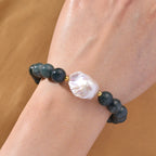 EXTREM SELTEN - Natürlicher Olmek Jadeit, Süßwasser Barockperle Armband, Flexibles, 925 Silber vergoldet