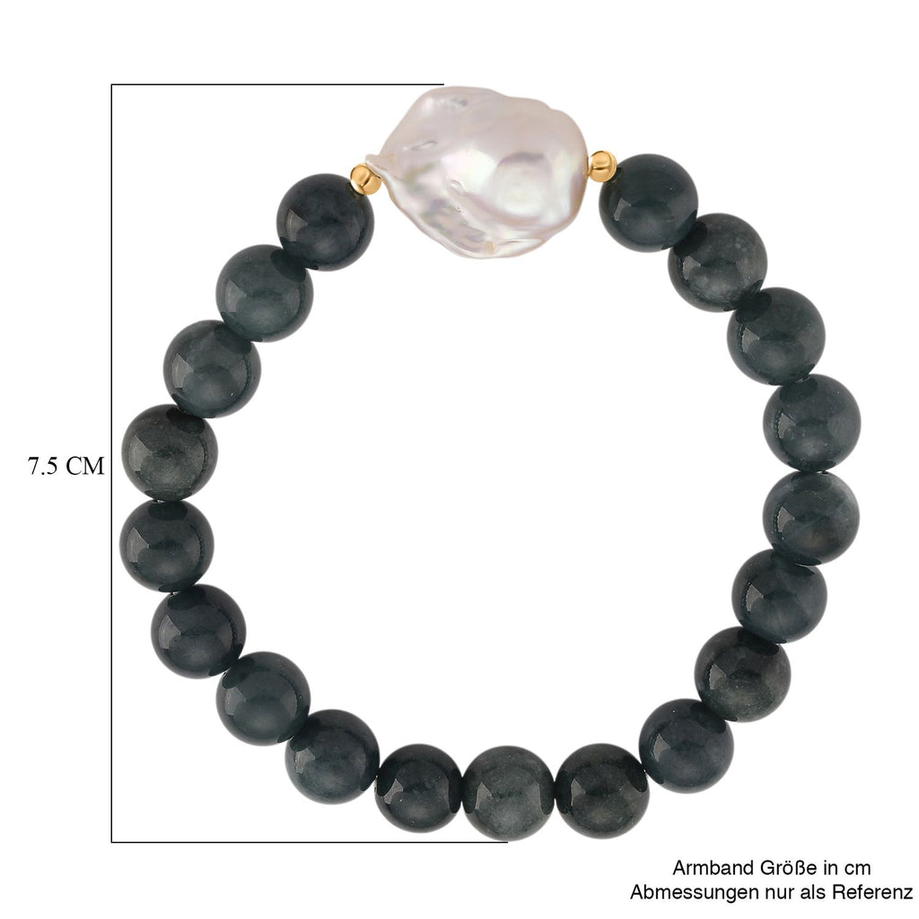 EXTREM SELTEN - Natürlicher Olmek Jadeit, Süßwasser Barockperle Armband, Flexibles, 925 Silber vergoldet