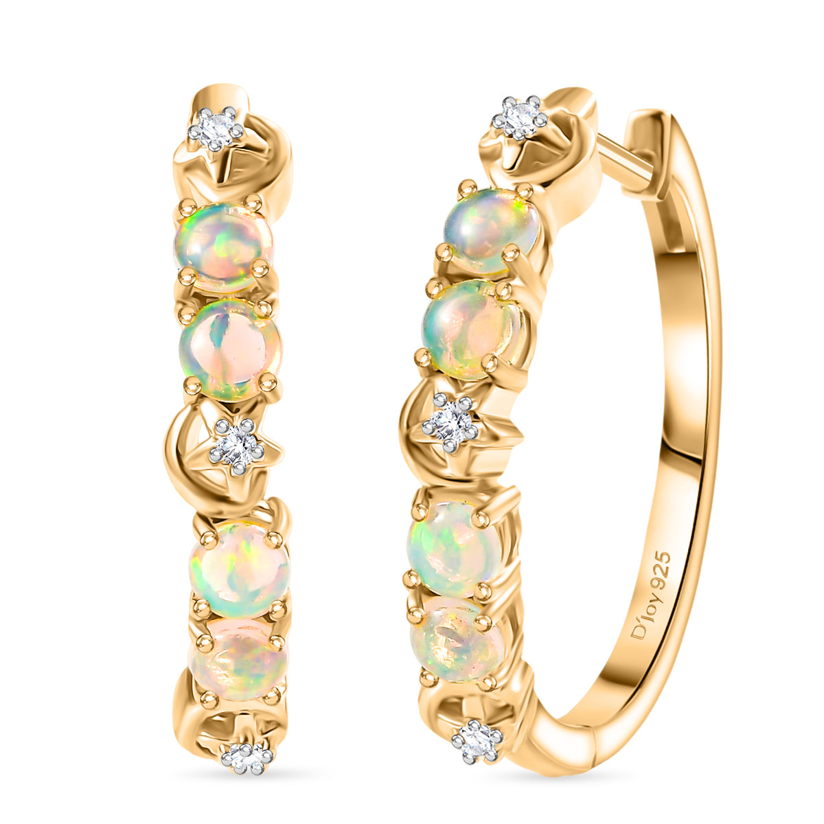 D'Joy AA Natürlicher, äthiopischer Welo Opal, Weißer Zirkon Ohrringe 925 Silber 750 Gelb Vergoldet ca. 1.02 ct