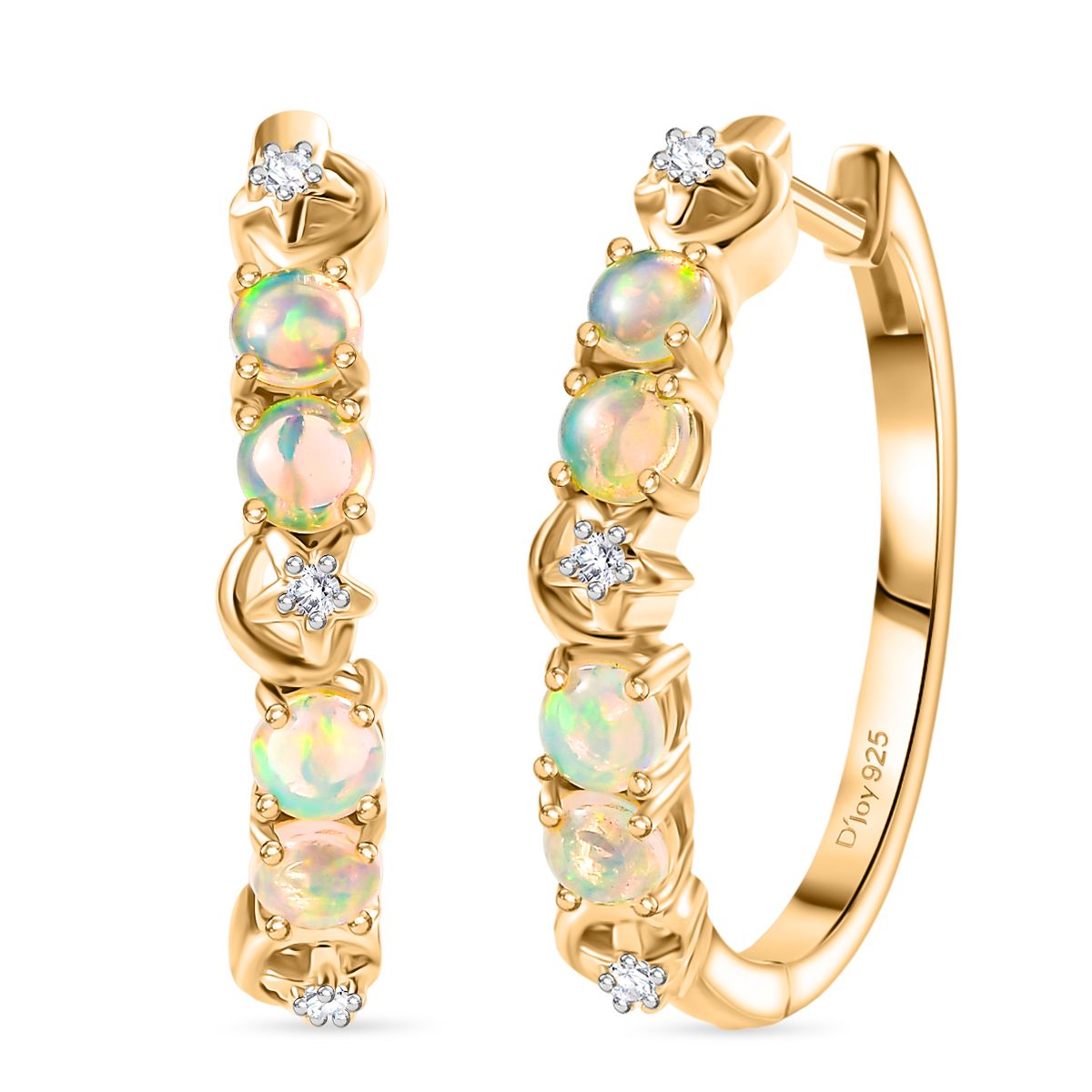 D'Joy AA Natürlicher, äthiopischer Welo Opal, Weißer Zirkon Ohrringe 925 Silber 750 Gelb Vergoldet ca. 1.02 ct