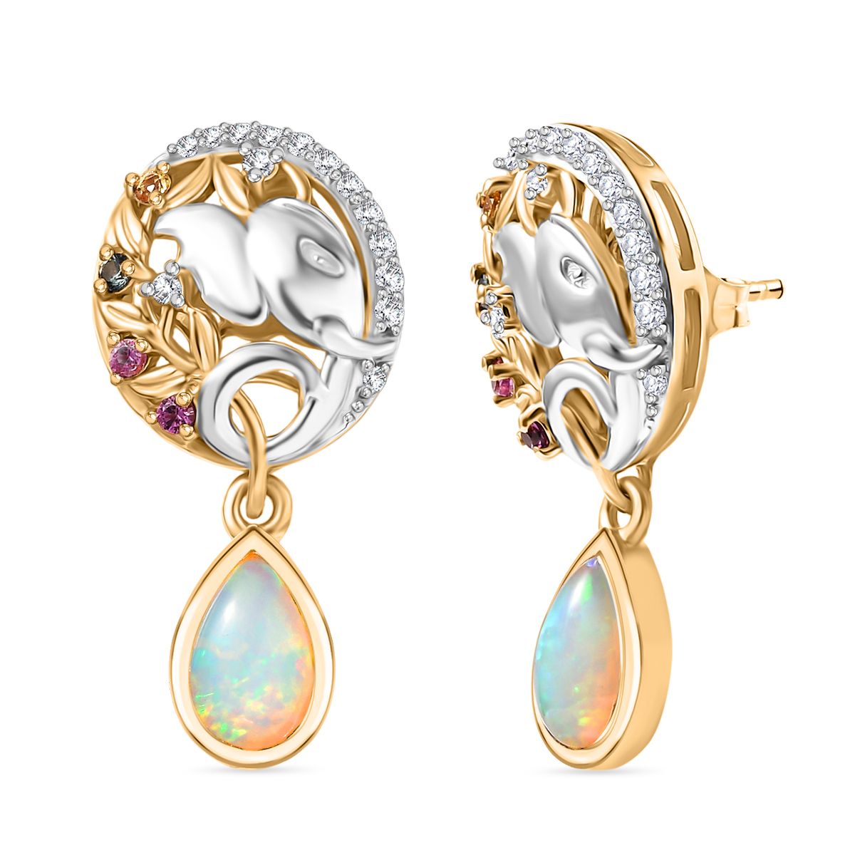 D'Joy AA Natürlicher, äthiopischer Welo Opal, Mehrfarbig Saphir Ohrringe 925 Silber Rhodiniert und 750 Gelbgold Vermeil ca. 1.63 ct