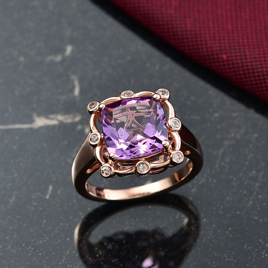 D'Joy AAA Rose De France Amethyst, Weißer Zirkon Ring 925 Silber 750 rosévergoldet ca. 4,35 ct