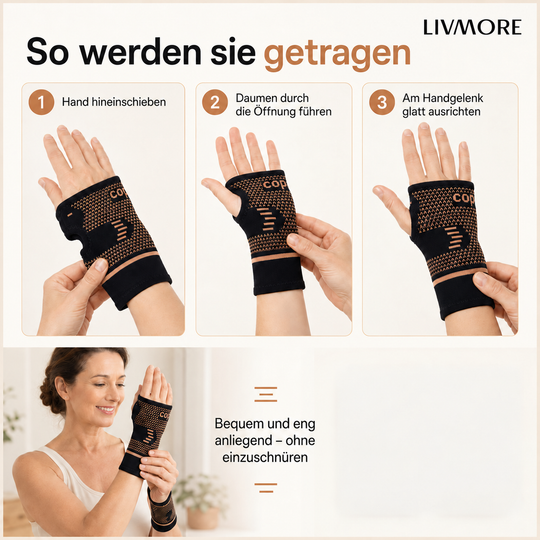 LIVMORE - Kupferfaser Handgelenk Bandagen Paar stützend atmungsaktiv Schwarz Kupfer