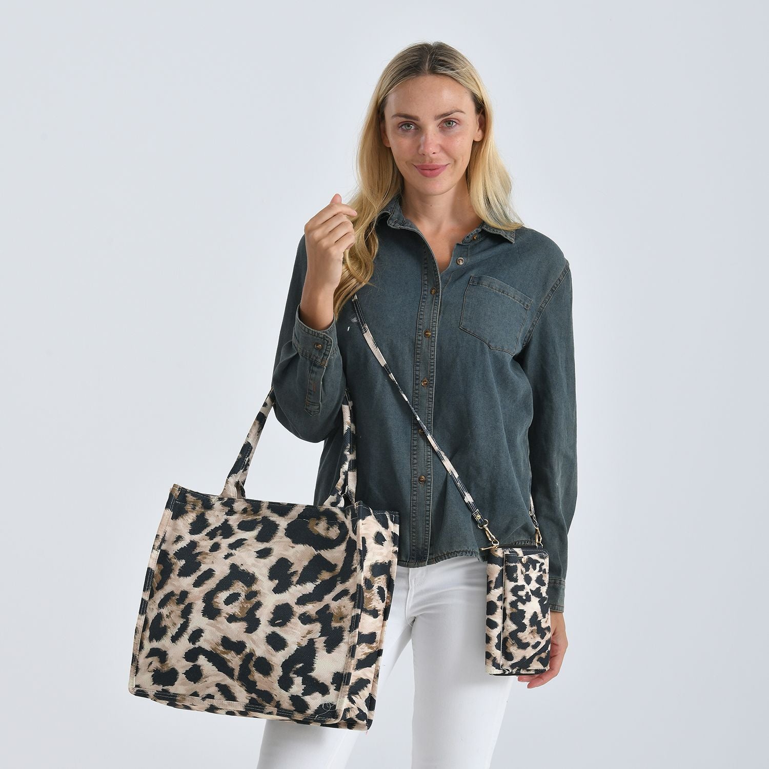 Leopardenmuster Set, Shopper und Handy Umhängetasche, 40 x 12 x 35 cm