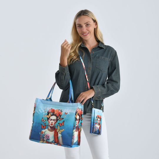 Frida Kahlo und Schmetterling Design Set, Shopper und Handy Umhängetasche, 40 x 12 x 35 cm, Blau