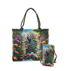 Pfau Muster Design Set, Shopper und Handy Umhängetasche, 40 x 12 x 35 cm, Mehrfarbig