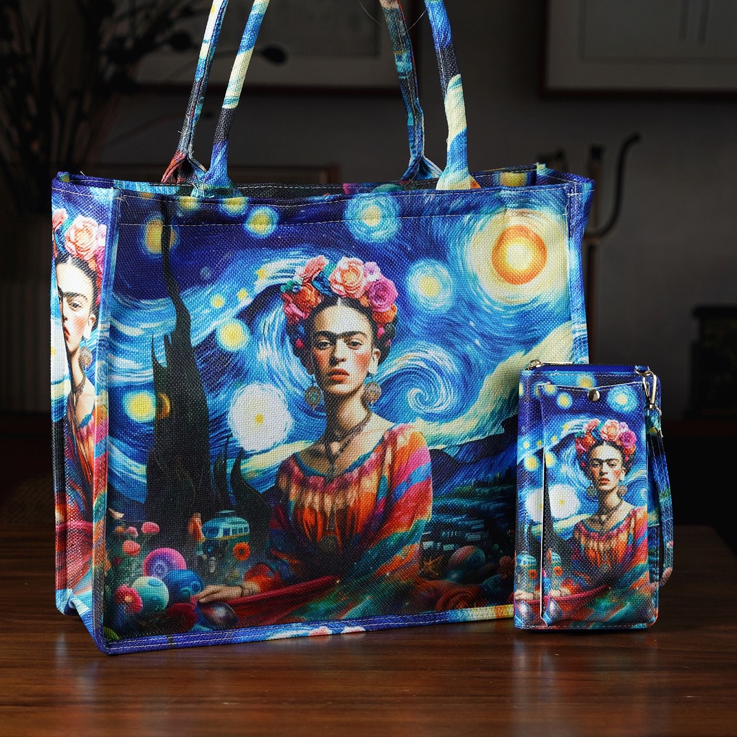 Frida Kahlo und Sternennacht Design Set, Shopper und Handy Umhängetasche, 40 x 12 x 35 cm, Marineblau