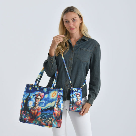 Frida Kahlo und Sternennacht Design Set, Shopper und Handy Umhängetasche, 40 x 12 x 35 cm, Marineblau