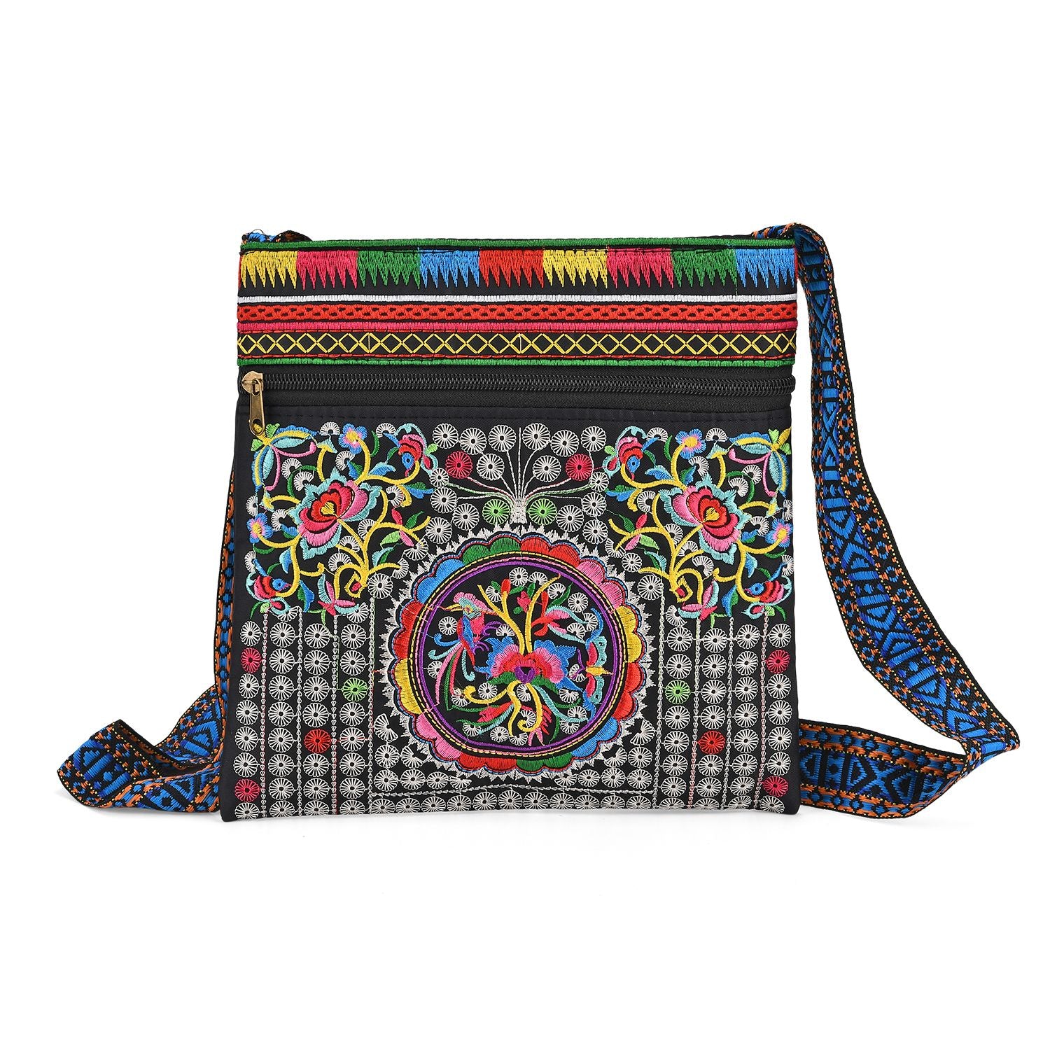 Blumen Stickerei Umhängetasche, verstellbarer Riemen, 23 x 24 cm, Schwarz