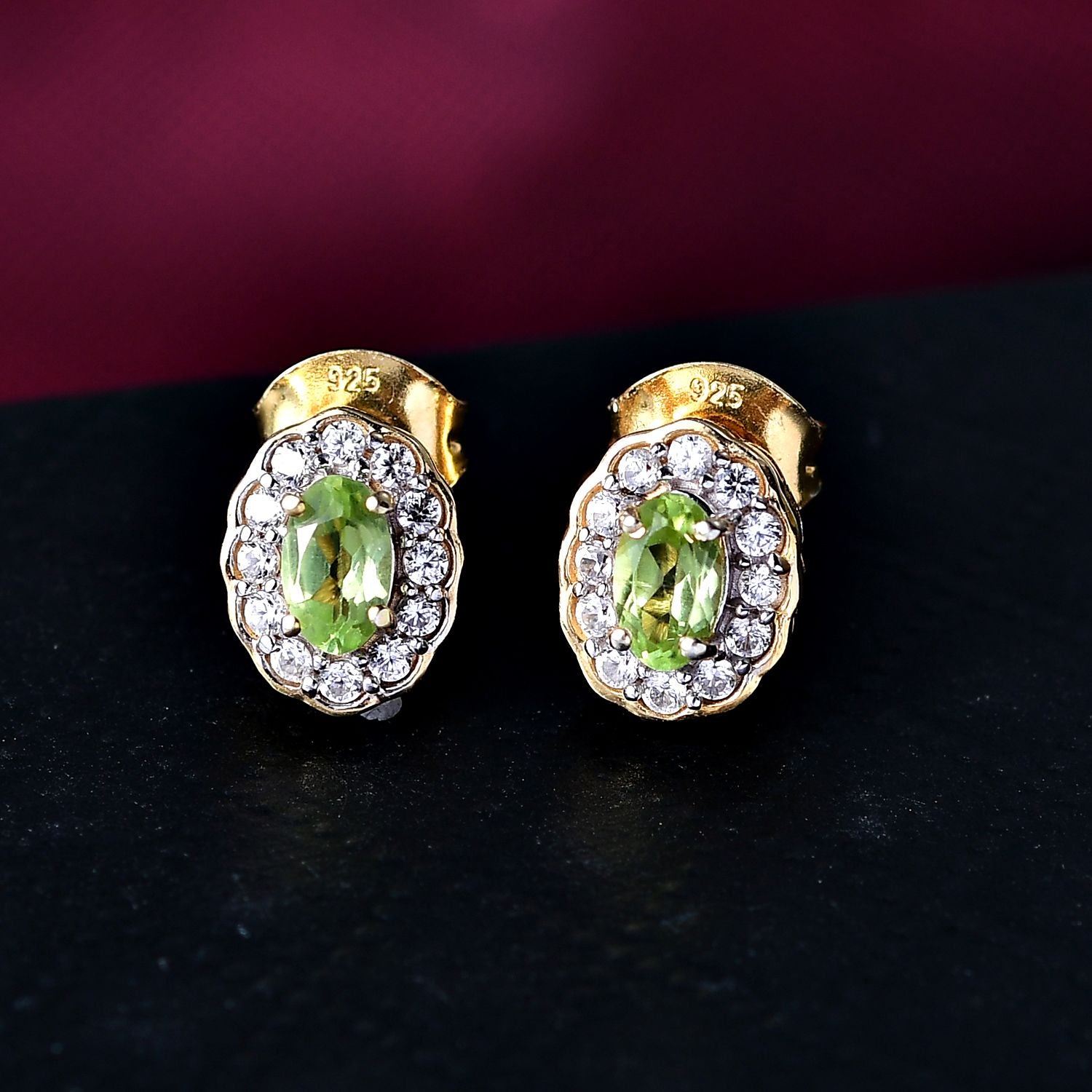 D'Joy Peridot, Weißer Zirkon Ohrringe 925 Silber vergoldet ca. 0,85 ct.