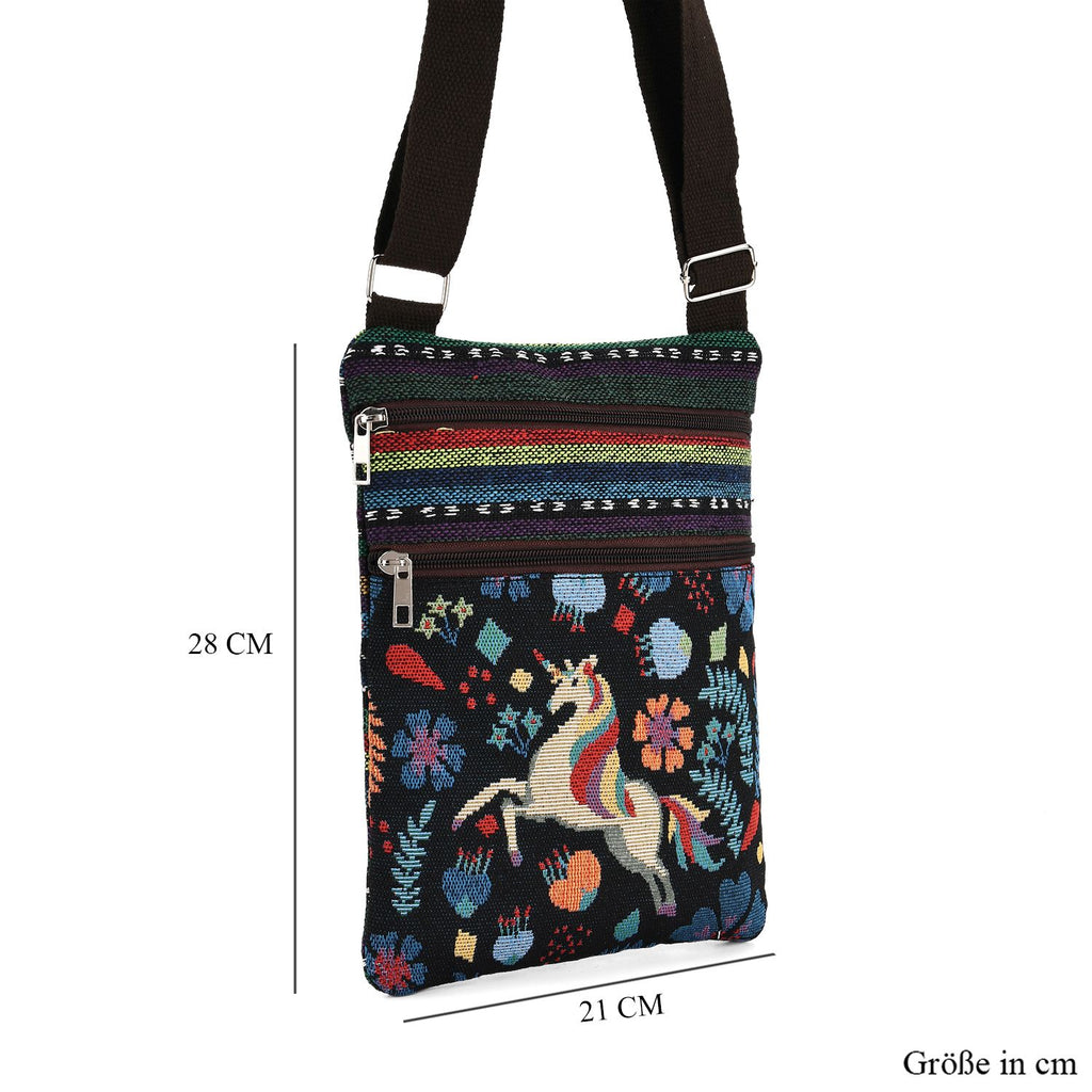 Crossbody-Tasche mit Einhorn, 3 Reißverschlussfächer, verstellbarer Schultergurt (ca. 120 cm), 21x28 cm, Mehrfarbig