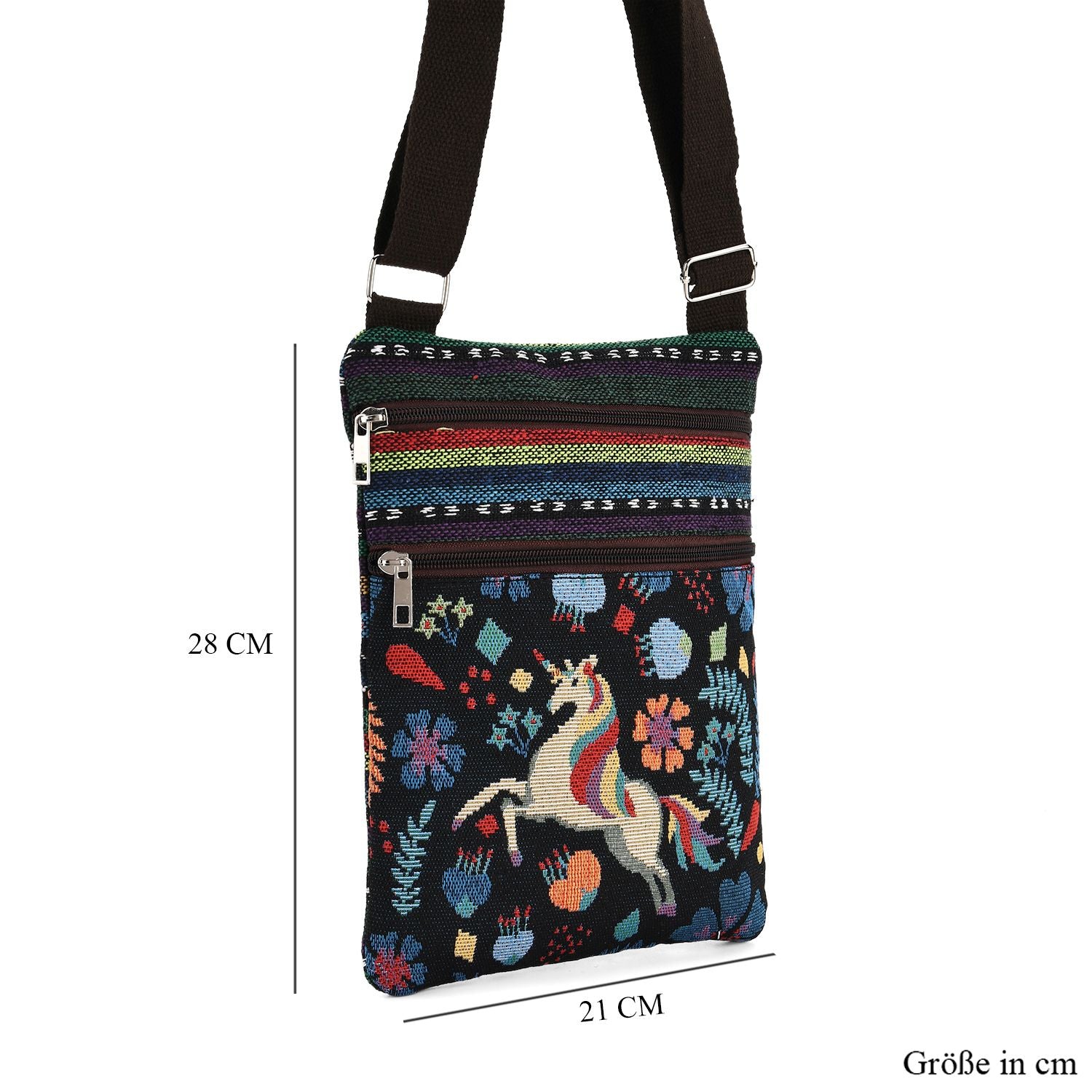Crossbody-Tasche mit Einhorn, 3 Reißverschlussfächer, verstellbarer Schultergurt (ca. 120 cm), 21x28 cm, Mehrfarbig