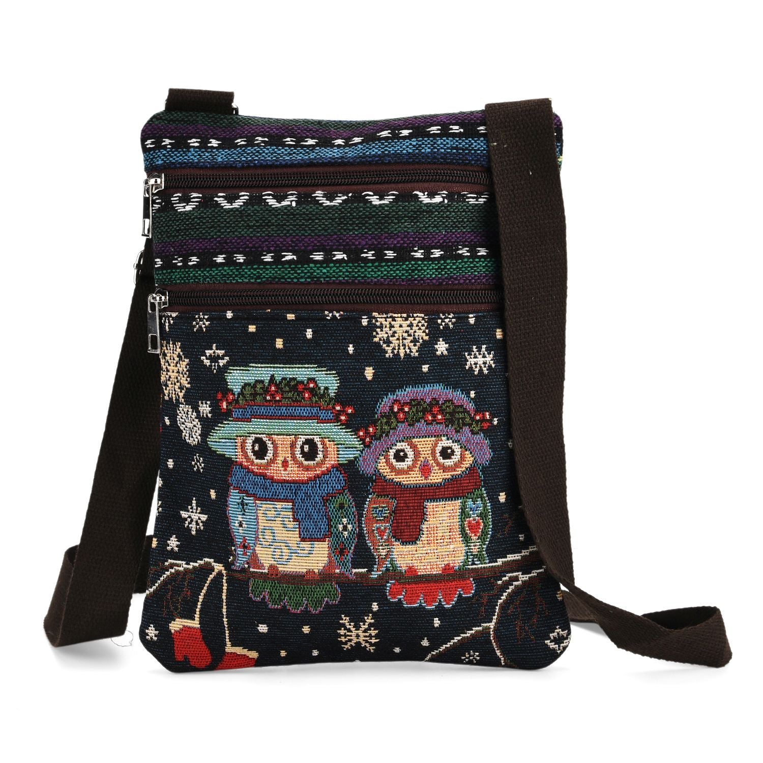 Crossbody-Tasche mit Eulenmotiv, 3 Reißverschlussfächer, verstellbarer Schultergurt (ca. 120 cm), 21x28 cm, Mehrfarbig