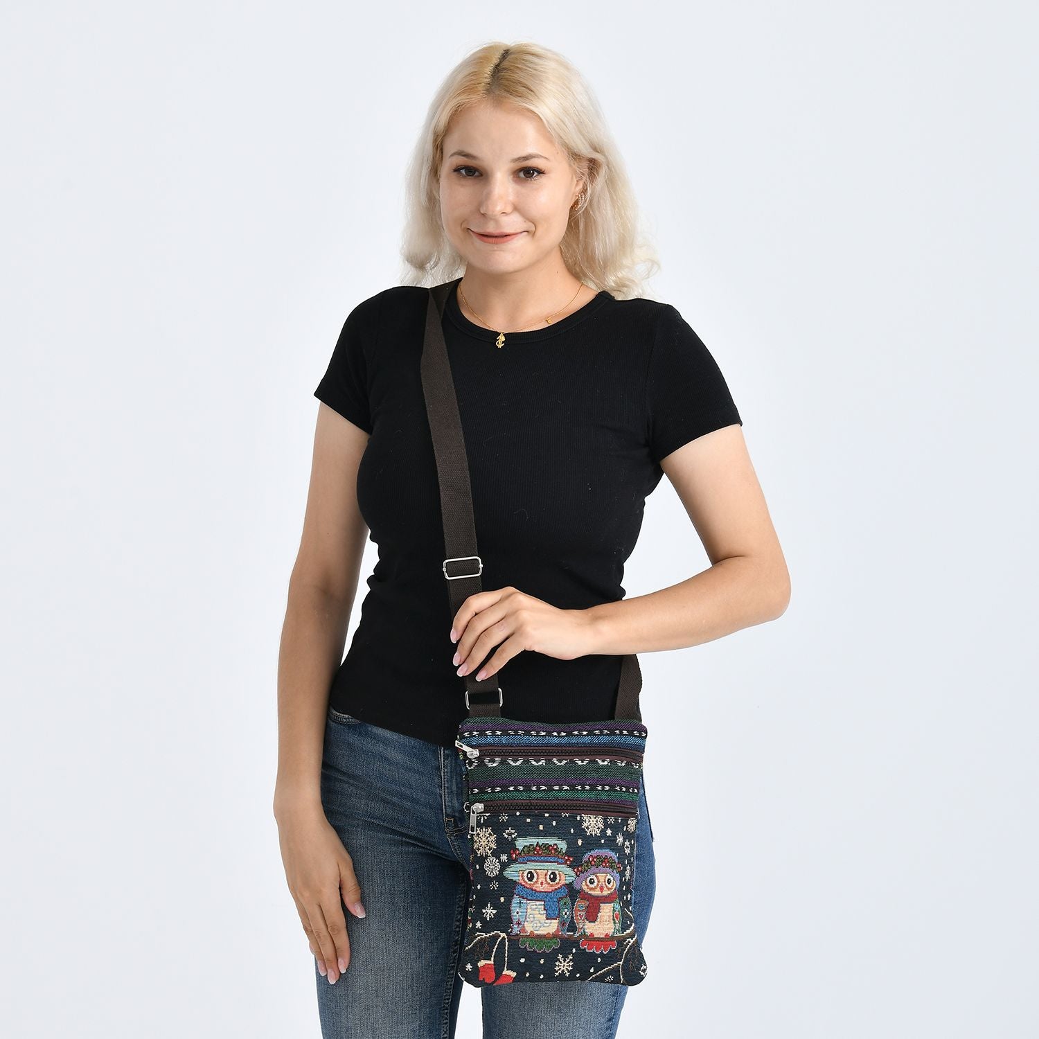 Crossbody-Tasche mit Eulenmotiv, 3 Reißverschlussfächer, verstellbarer Schultergurt (ca. 120 cm), 21x28 cm, Mehrfarbig