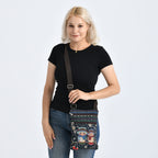Crossbody-Tasche mit Eulenmotiv, 3 Reißverschlussfächer, verstellbarer Schultergurt (ca. 120 cm), 21x28 cm, Mehrfarbig