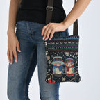 Crossbody-Tasche mit Eulenmotiv, 3 Reißverschlussfächer, verstellbarer Schultergurt (ca. 120 cm), 21x28 cm, Mehrfarbig