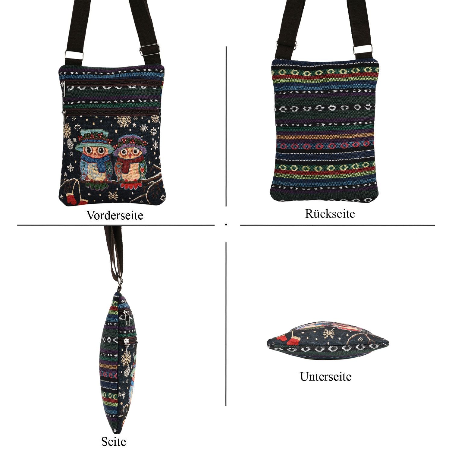 Crossbody-Tasche mit Eulenmotiv, 3 Reißverschlussfächer, verstellbarer Schultergurt (ca. 120 cm), 21x28 cm, Mehrfarbig
