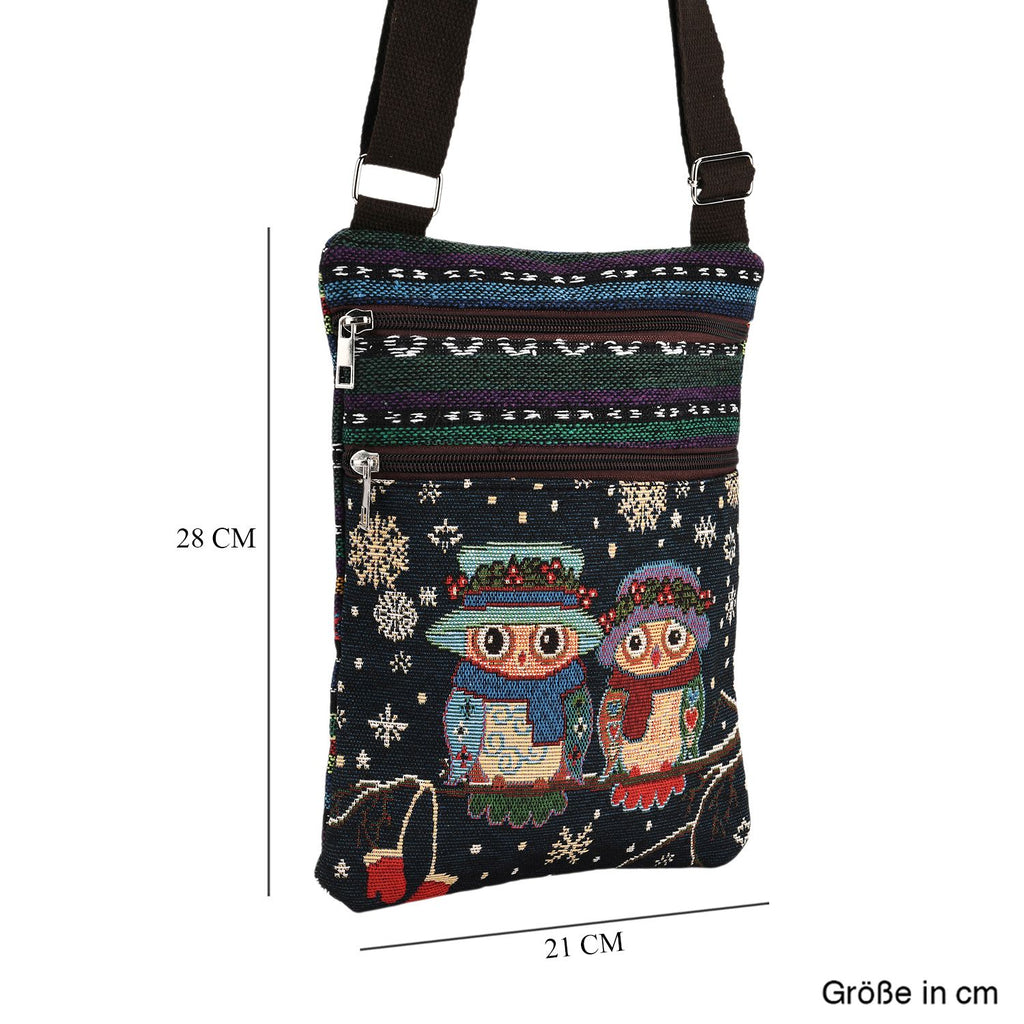 Crossbody-Tasche mit Eulenmotiv, 3 Reißverschlussfächer, verstellbarer Schultergurt (ca. 120 cm), 21x28 cm, Mehrfarbig