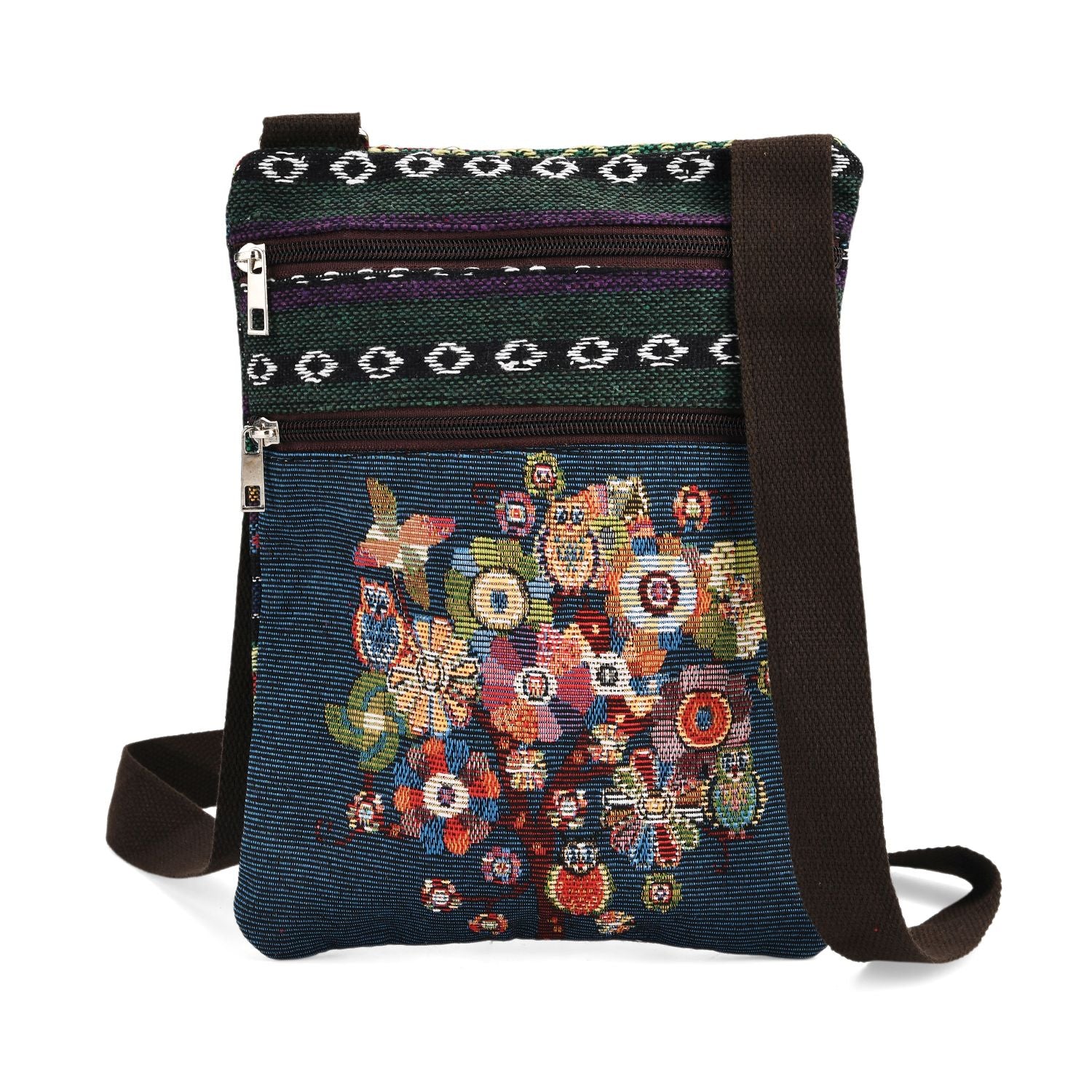 Crossbody-Tasche mit Blumenmotiv, 3 Reißverschlussfächer, verstellbarer Schultergurt (ca. 120 cm), 21x28 cm, Mehrfarbig