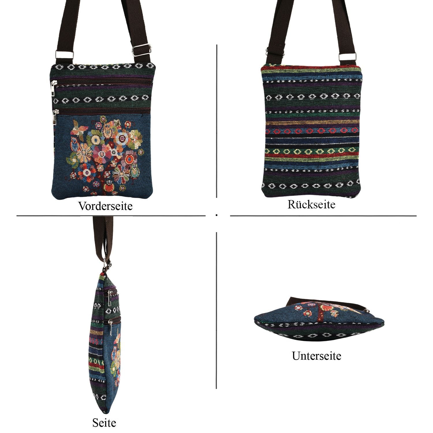 Crossbody-Tasche mit Blumenmotiv, 3 Reißverschlussfächer, verstellbarer Schultergurt (ca. 120 cm), 21x28 cm, Mehrfarbig