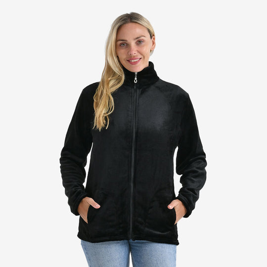 LA MAREY - Velvet Kuschel Jacke mit Reißverschluss und 2 Taschen, Schwarz, L/XL