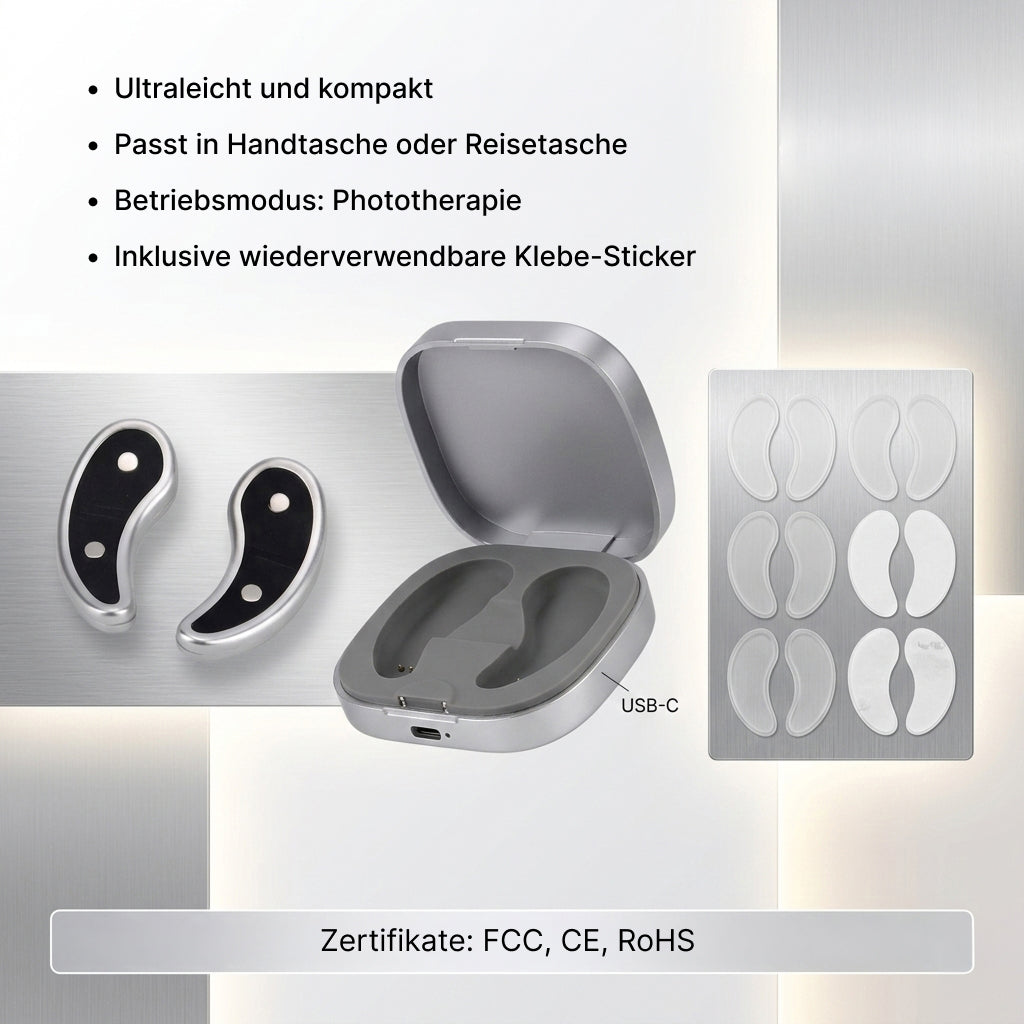 BEAUTECH Rotlicht Augenmassagegerät 620 nm mit EMS Mikrostimulation, inkl. 7 Paar Pads, kompakt 7.6 x 7.6 x 2.4 cm, Weiß
