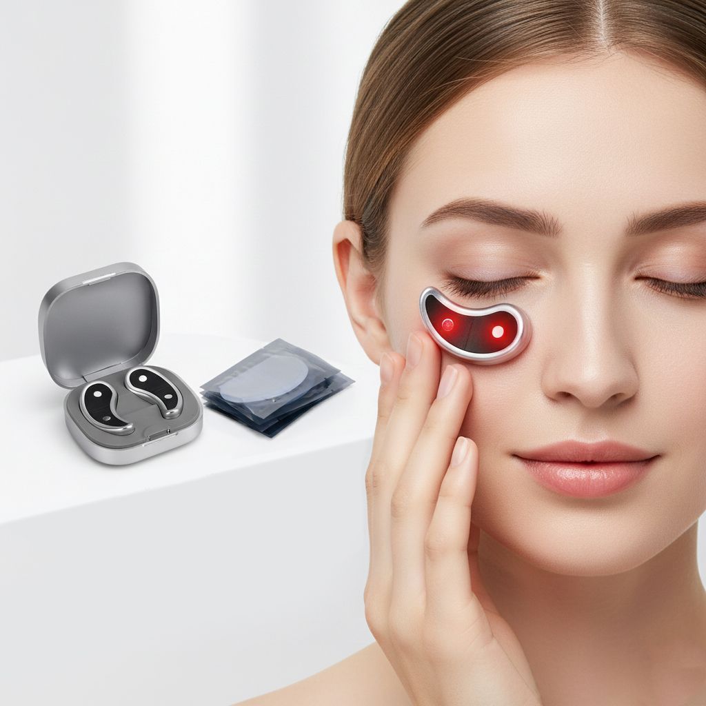 BEAUTECH Rotlicht Augenmassagegerät 620 nm mit EMS Mikrostimulation, inkl. 7 Paar Pads, kompakt 7.6 x 7.6 x 2.4 cm, Weiß