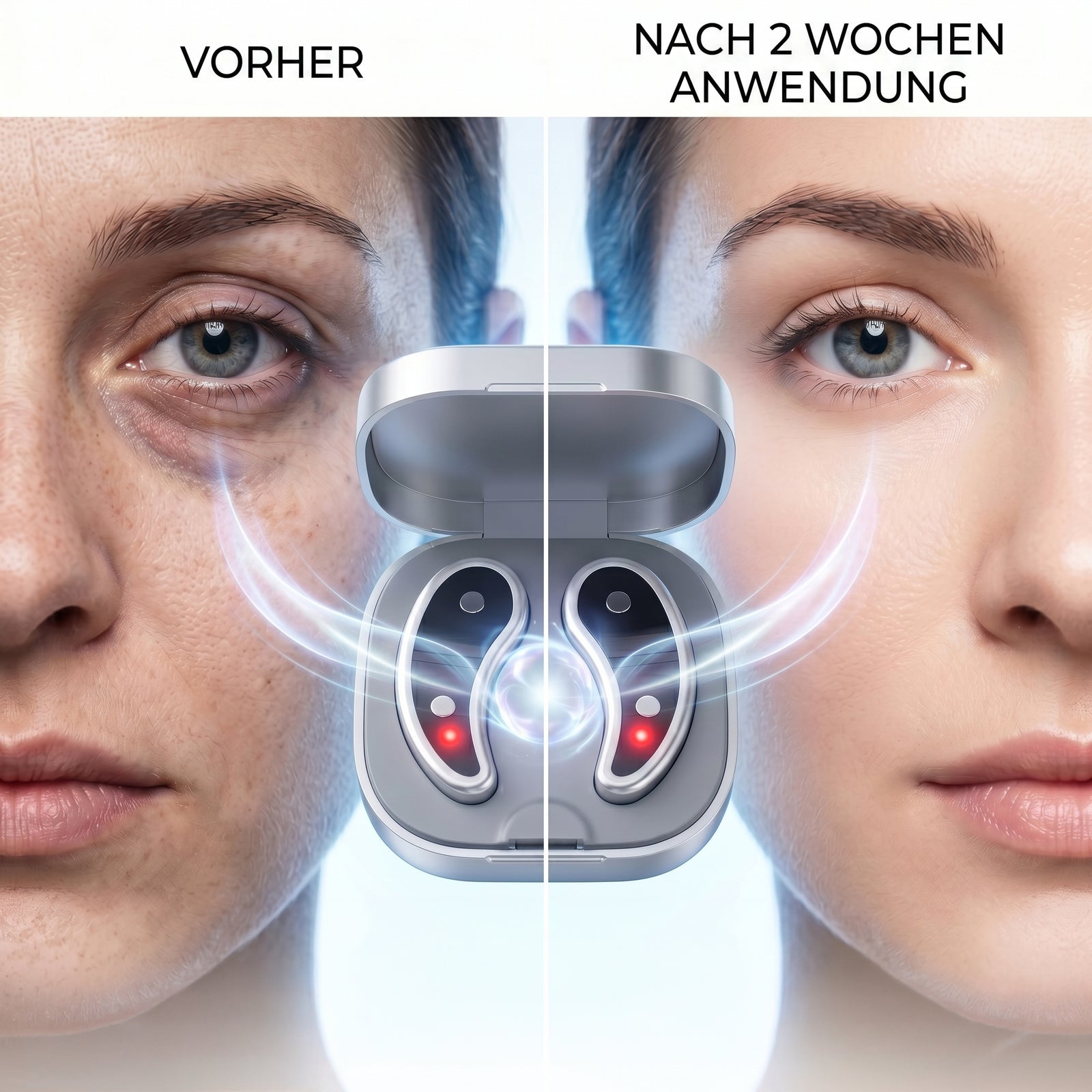 BEAUTECH Rotlicht Augenmassagegerät 620nm mit EMS Mikrostimulation, inkl. 7 Paar Pads, kompakt 7,6x7,6x2,4cm