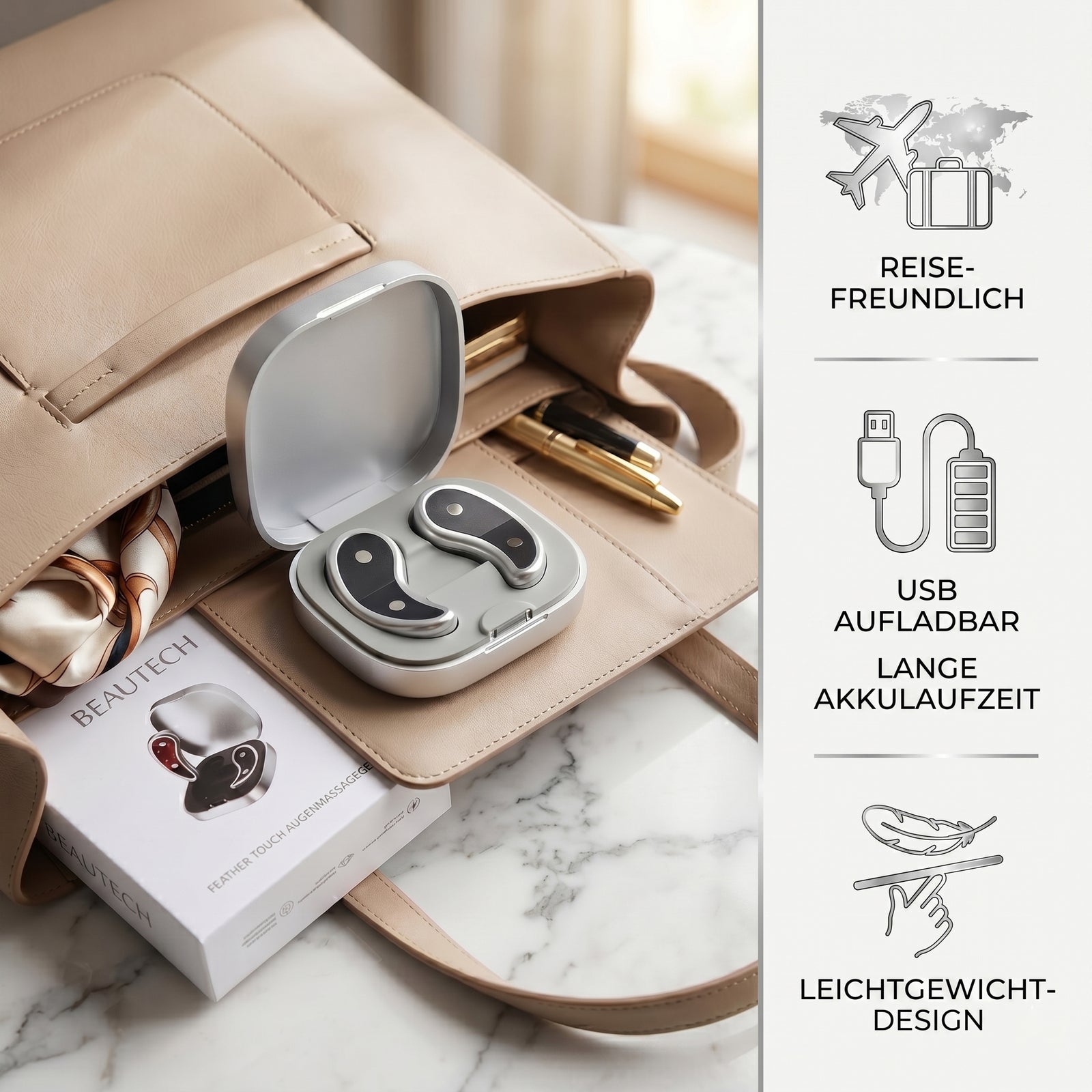 BEAUTECH Rotlicht Augenmassagegerät 620nm mit EMS Mikrostimulation, inkl. 7 Paar Pads, kompakt 7,6x7,6x2,4cm