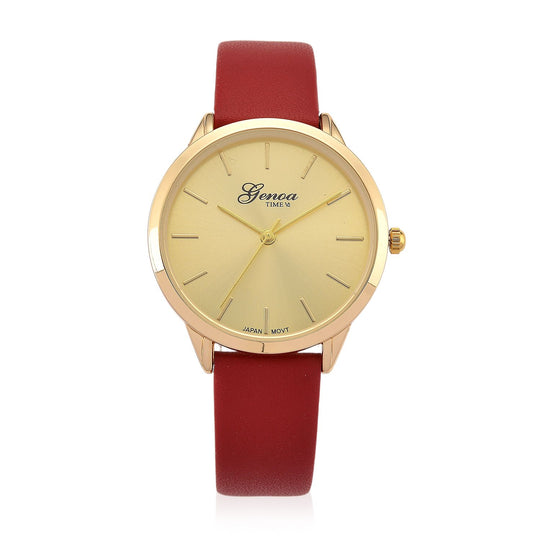 GENOA TIME - Armbanduhr Legierung, goldfarben, rotes Lederarmband, Zifferblatt Gold-Sunshine, 3 ATM wasserdicht