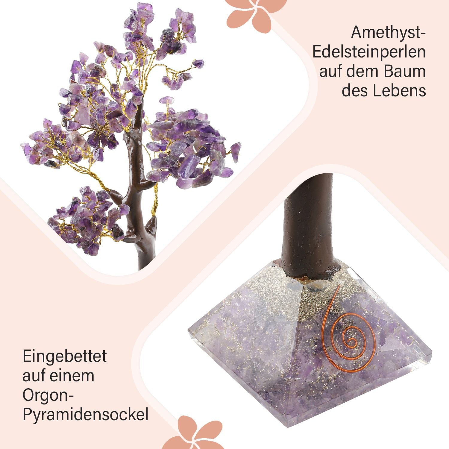 LIVMORE Edelsteinbaum mit Orgonit Basis, Amethyst, 23 cm, 230 Perlen, Lila