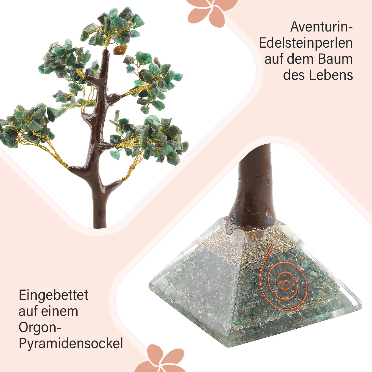 LIVMORE Edelsteinbaum mit Orgonit Basis, Grüner Aventurin, 23 cm, 230 Perlen, Grün