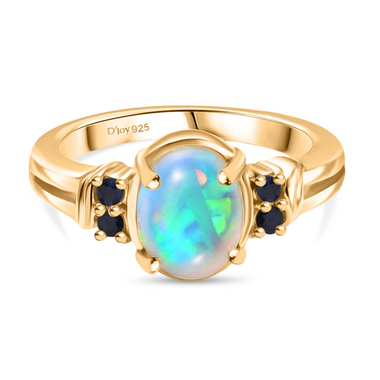 D'Joy AA Natürlicher, äthiopischer Welo Opal, Blauer Saphir Ring 925 Silber vergoldet (Größe 21.00) ca. 1,38 ct