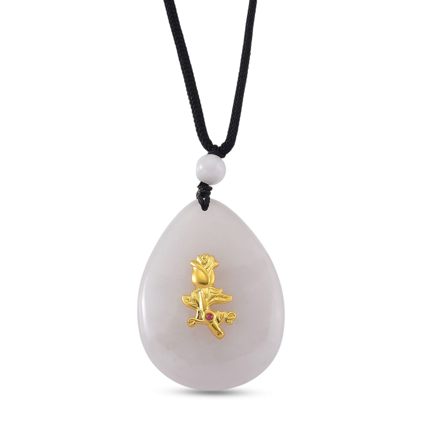 EXTREM SELTEN Natürliche Weiße Jade, Roter Granat Rose Halskette, ca. 70 cm 999er Gold ca. 80.01 ct