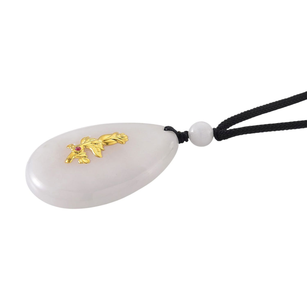EXTREM SELTEN Natürliche Weiße Jade, Roter Granat Rose Halskette, ca. 70 cm 999er Gold ca. 80.01 ct