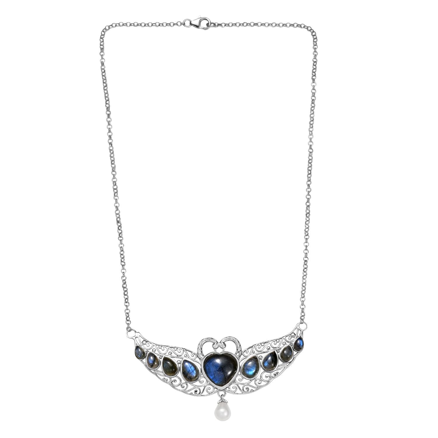 D'Joy AAA Labradorit, Süßwasser Perle (9x7mm) Halskette ca. 45 cm 925 Silber rhodiniert 32.56 ct