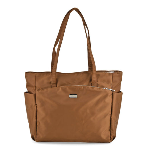 Elegante Signature Handtasche, edles Nylon Design mit 3 Reißverschluss Taschen und 2 offenen Außentaschen, ca. 30 x 30 x 10 cm, Dunkelbraun