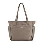 Elegante Signature Handtasche, edles Nylon Design mit 3 Reißverschluss Taschen und 2 offenen Außentaschen, ca. 30 x 30 x 10 cm, Dunkel Khaki
