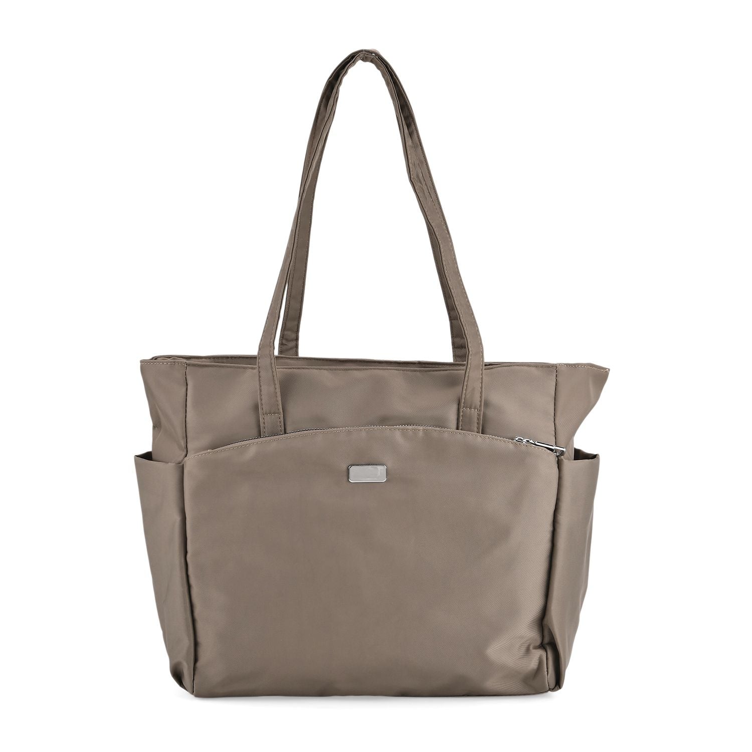 Elegante Signature Handtasche, edles Nylon Design mit 3 Reißverschluss Taschen und 2 offenen Außentaschen, ca. 30 x 30 x 10 cm, Dunkel Khaki