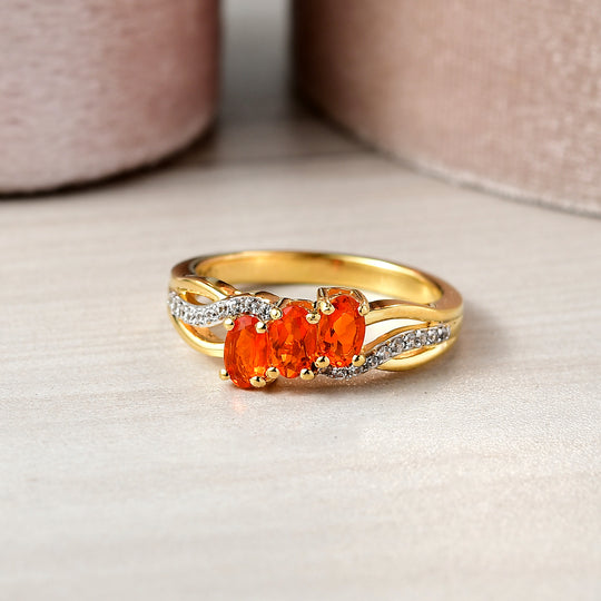 D'Joy AAA Blaze Feueropal, Weißer Zirkon Ring 925 Silber 750 Gelbgold Vermeil (Größe 20.00) ca. 0,65 ct