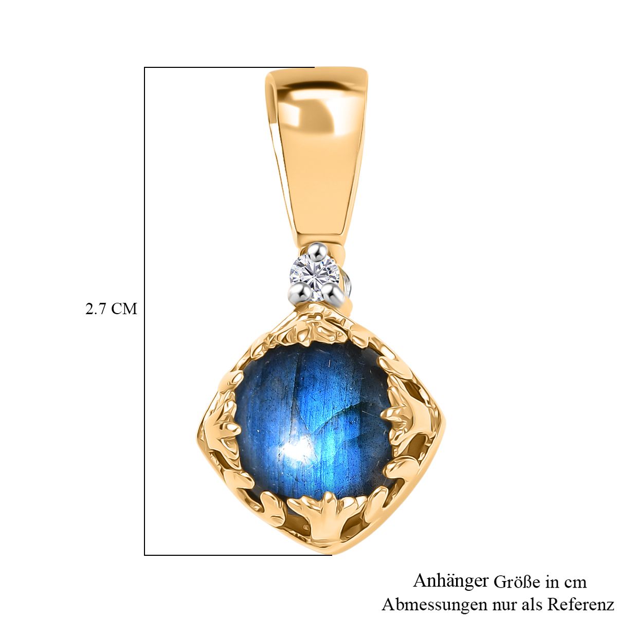 D'Joy AAA Labradorit, Weißer Zirkon Anhänger 925 Silber 750 Gelb Vergoldet ca. 8.88 ct