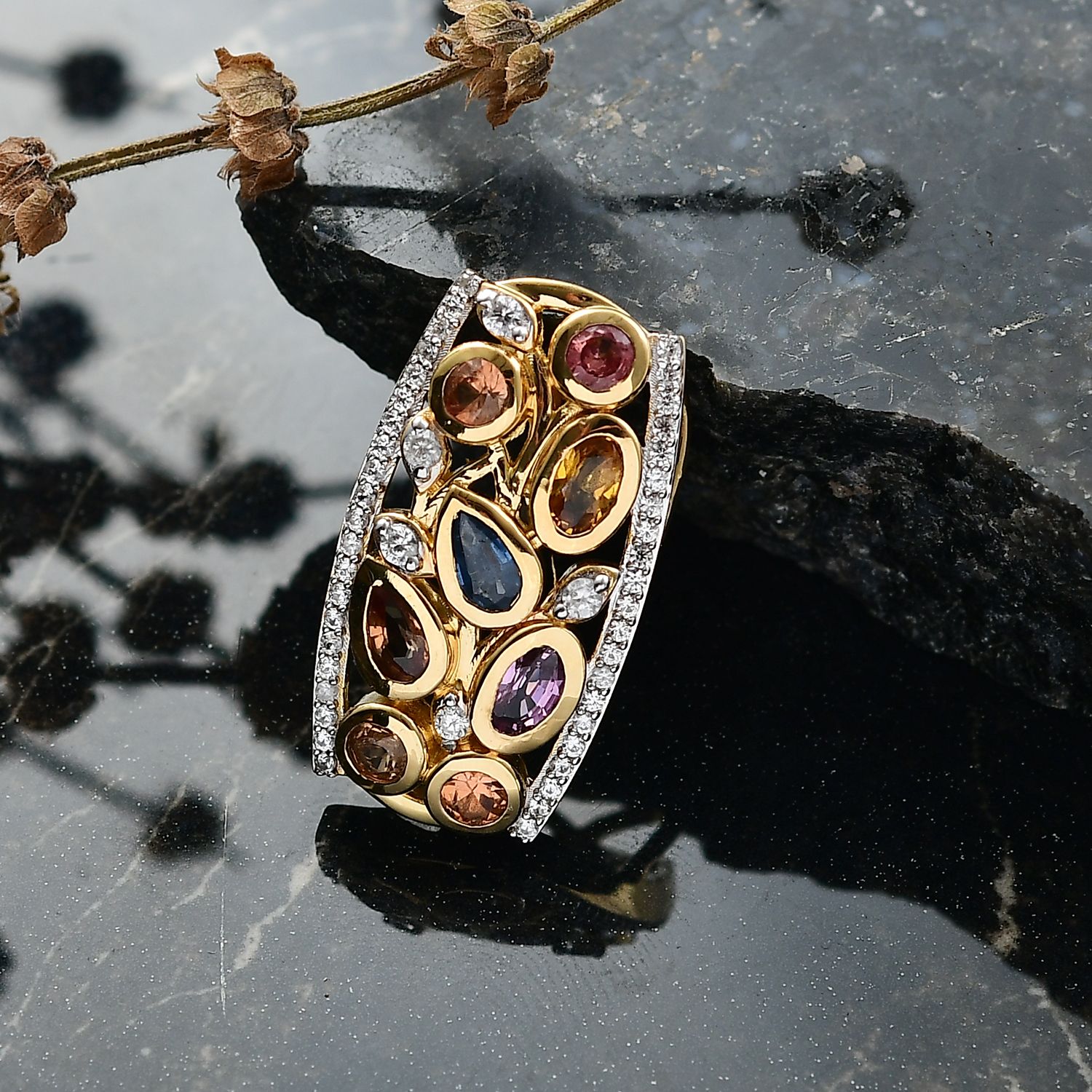 D'Joy AA Mehrfarbig Saphir, Weißer Zirkon Anhänger 925 Silber 750 Gelbgold Vermeil ca. 2.15 ct