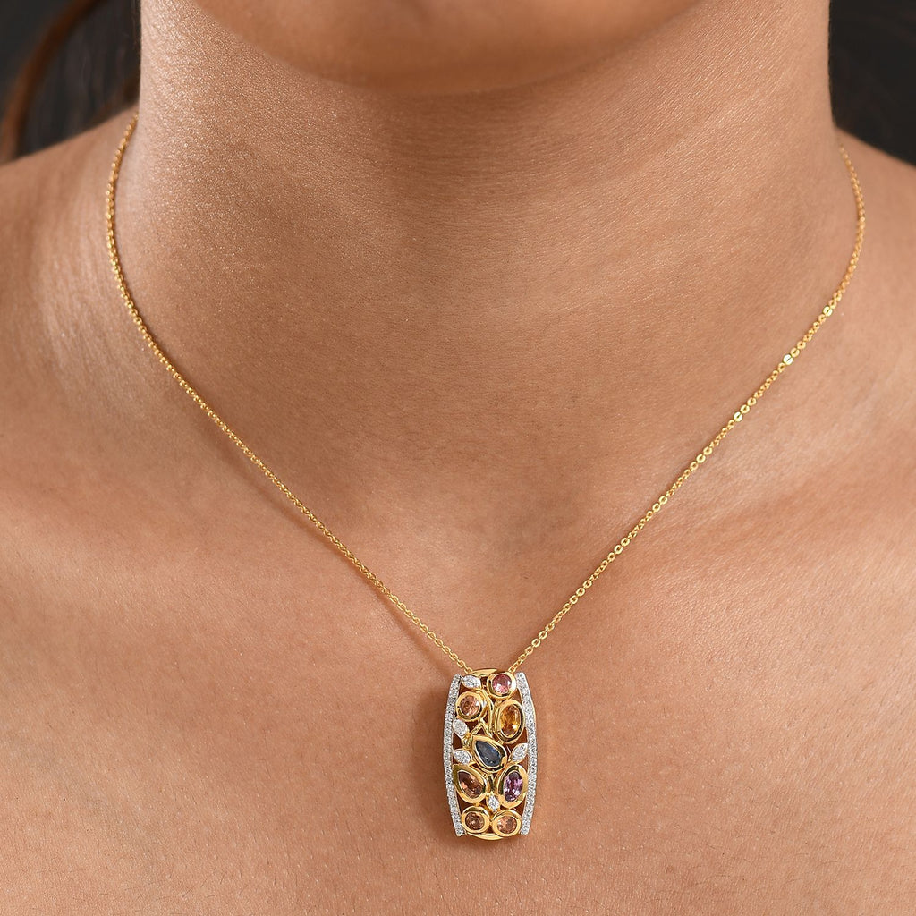 D'Joy AA Mehrfarbig Saphir, Weißer Zirkon Anhänger 925 Silber 750 Gelbgold Vermeil ca. 2.15 ct