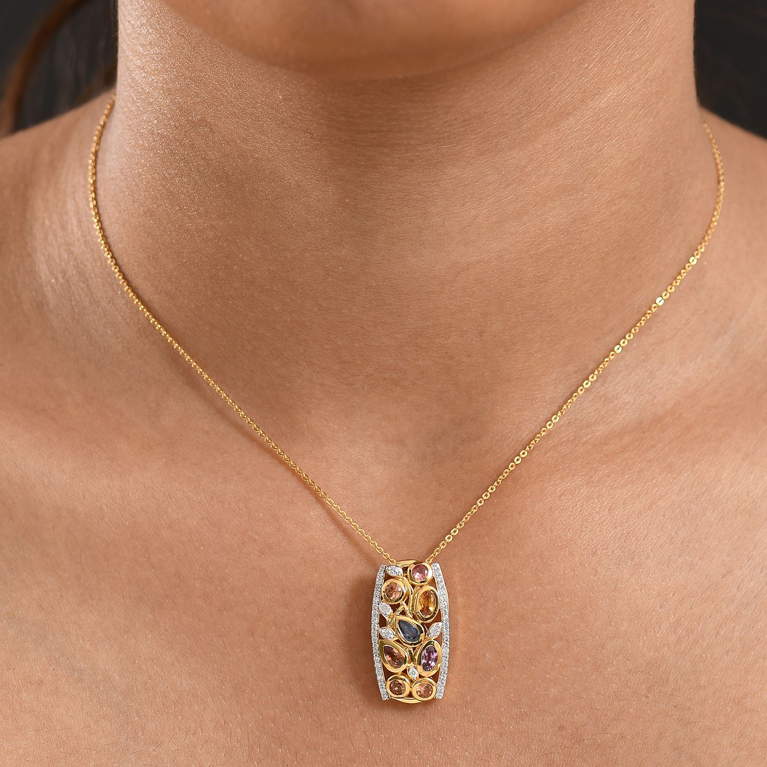 D'Joy AA Mehrfarbig Saphir, Weißer Zirkon Anhänger 925 Silber 750 Gelbgold Vermeil ca. 2.15 ct