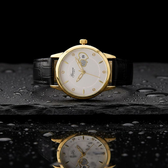 GENOA - Automatik-Armbanduhr mit Herz-Design und Datumsanzeige, Dandong-Uhrwerk, Weißes Zifferblatt, Goldfarben, Blaues Lederarmband, 36 mm