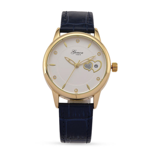 GENOA - Automatik-Armbanduhr mit Herz-Design und Datumsanzeige, Dandong-Uhrwerk, Weißes Zifferblatt, Goldfarben, Blaues Lederarmband, 36 mm