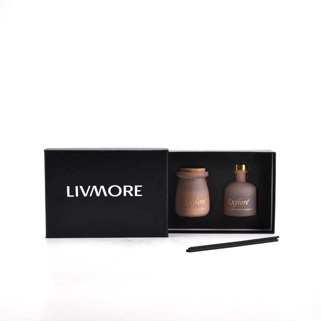 2er Set - Duftkerze 5 x 7 cm und Öl-Diffusor 50 ml mit Stäbchen, Brombeere & Lorbeerblatt