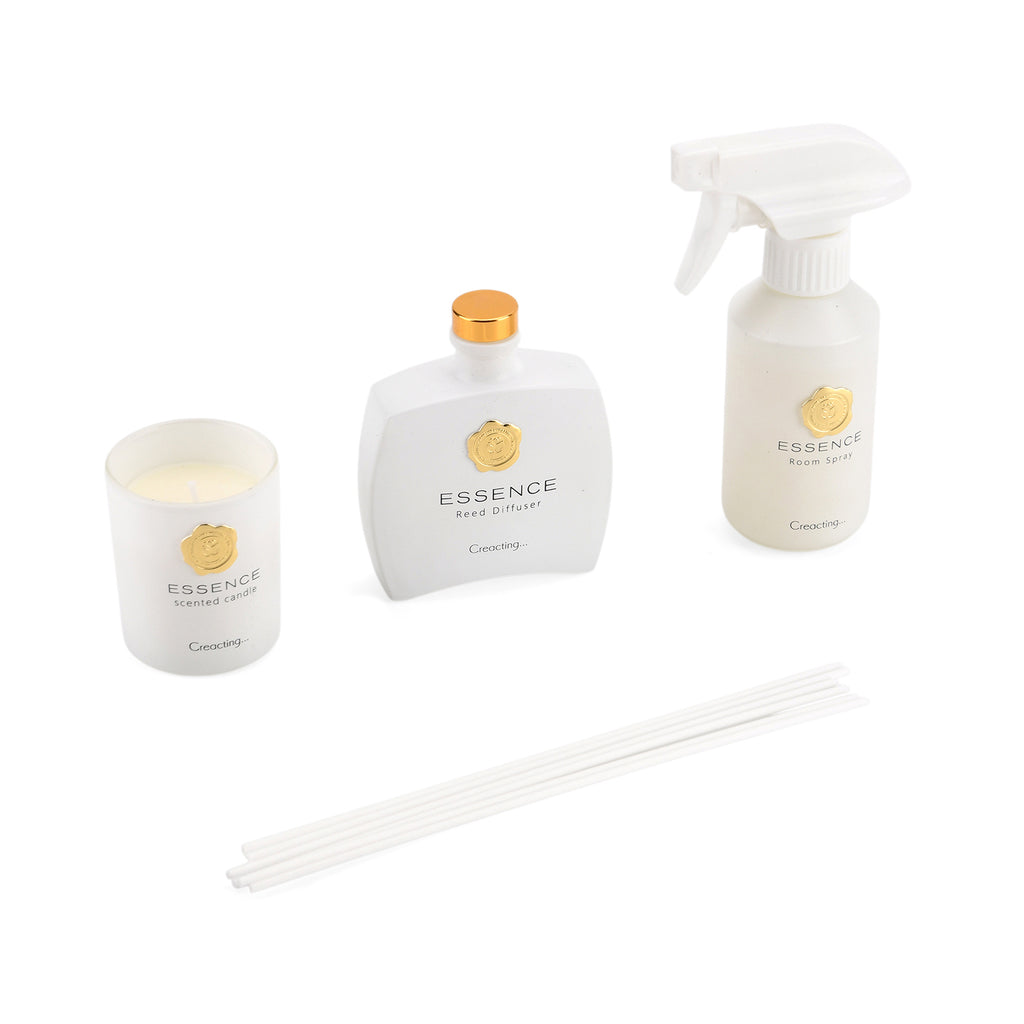 Kerzenset mit Duftstäbchen und Raumspray, Weiß, 5 % Parfümanteil, Raumspray 100 ml, Duftkerze im weißen Glas mit 100 g Paraffinwachs, Duftnote:  Tropische Früchte