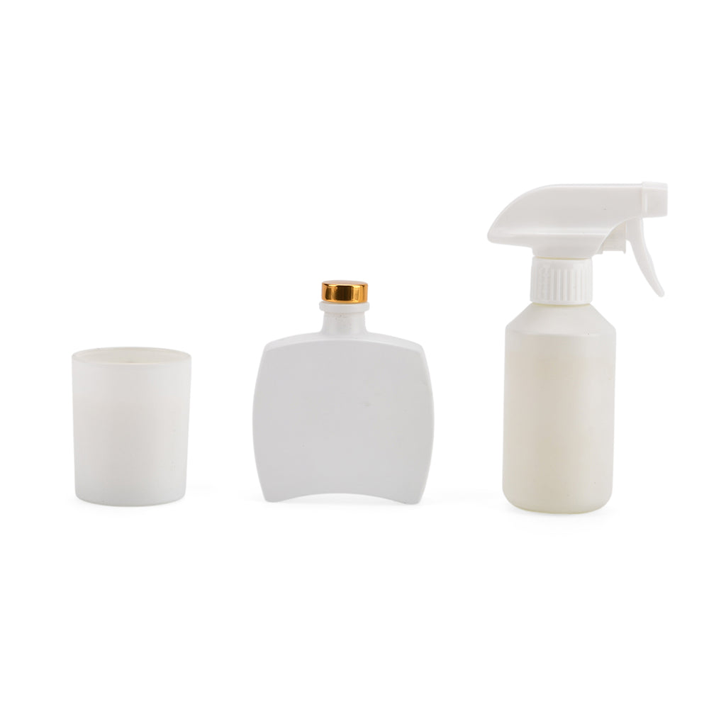 Kerzenset mit Duftstäbchen und Raumspray, Weiß, 5 % Parfümanteil, Raumspray 100 ml, Duftkerze im weißen Glas mit 100 g Paraffinwachs, Duftnote:  Tropische Früchte