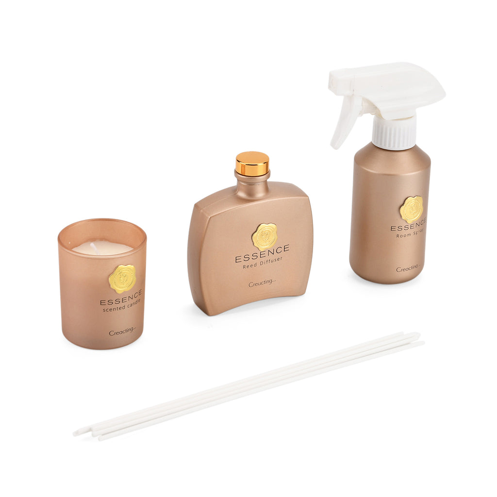 Kerzenset mit Duftstäbchen und Raumspray, Gold, 5 % Parfümanteil, Raumspray 100 ml, Duftkerze im weißen Glas mit 100 g Paraffinwachs, Duftnote: Champagner
